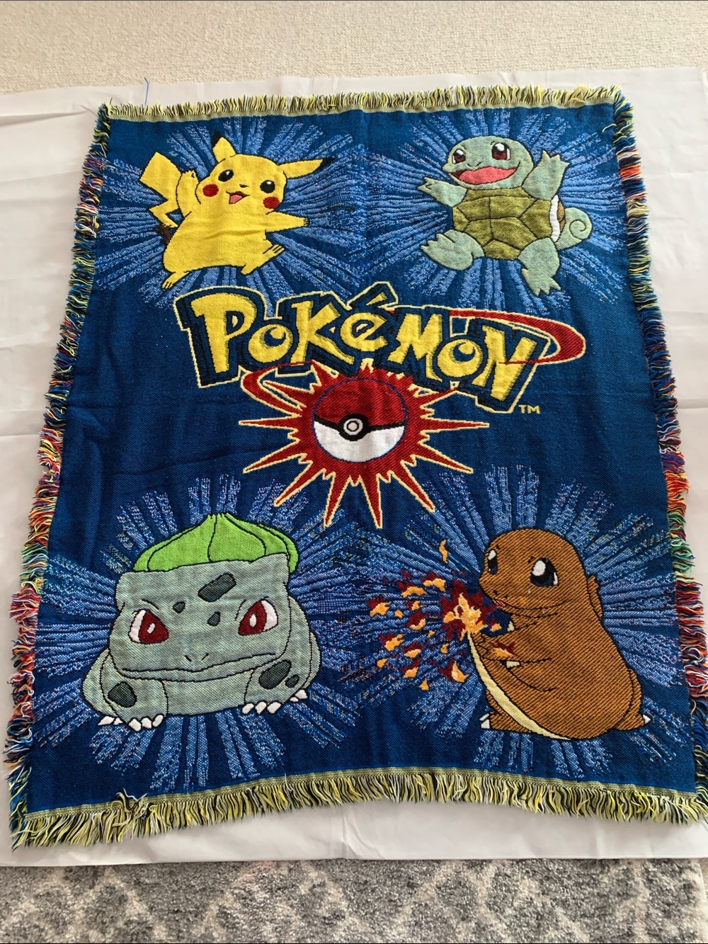Pokemon Blue Multicolor Pikachu Squirtle Bulbasaur Charmander Woven Throw